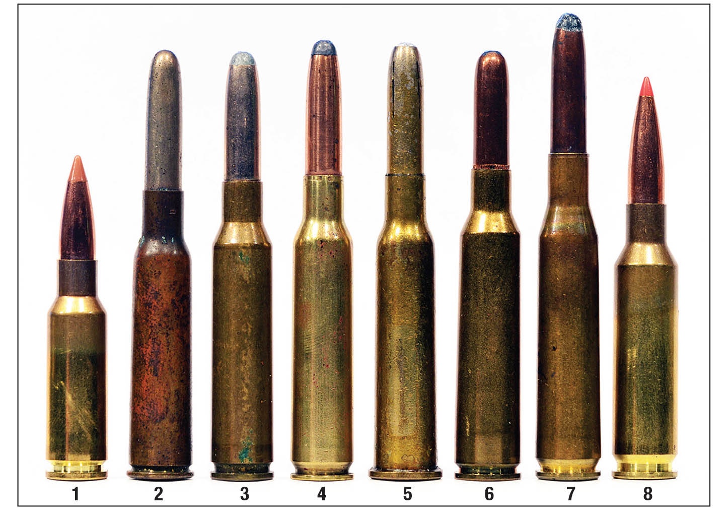 The 6.5mm lineup: (1) 6.5 Grendel, (2) 6.5 Arisaka, (3) 6.5 Carcano, (4) 6.5x54 Mannlicher-Schönauer, (5) 6.5 Dutch, (6) 6.5x55 Swedish, (7) 6.5x58 Mauser, (8) 6.5 Creedmoor. For 120 years, 6.5mm (.26) cartridges have blazed a vivid trail in both military and sporting use.